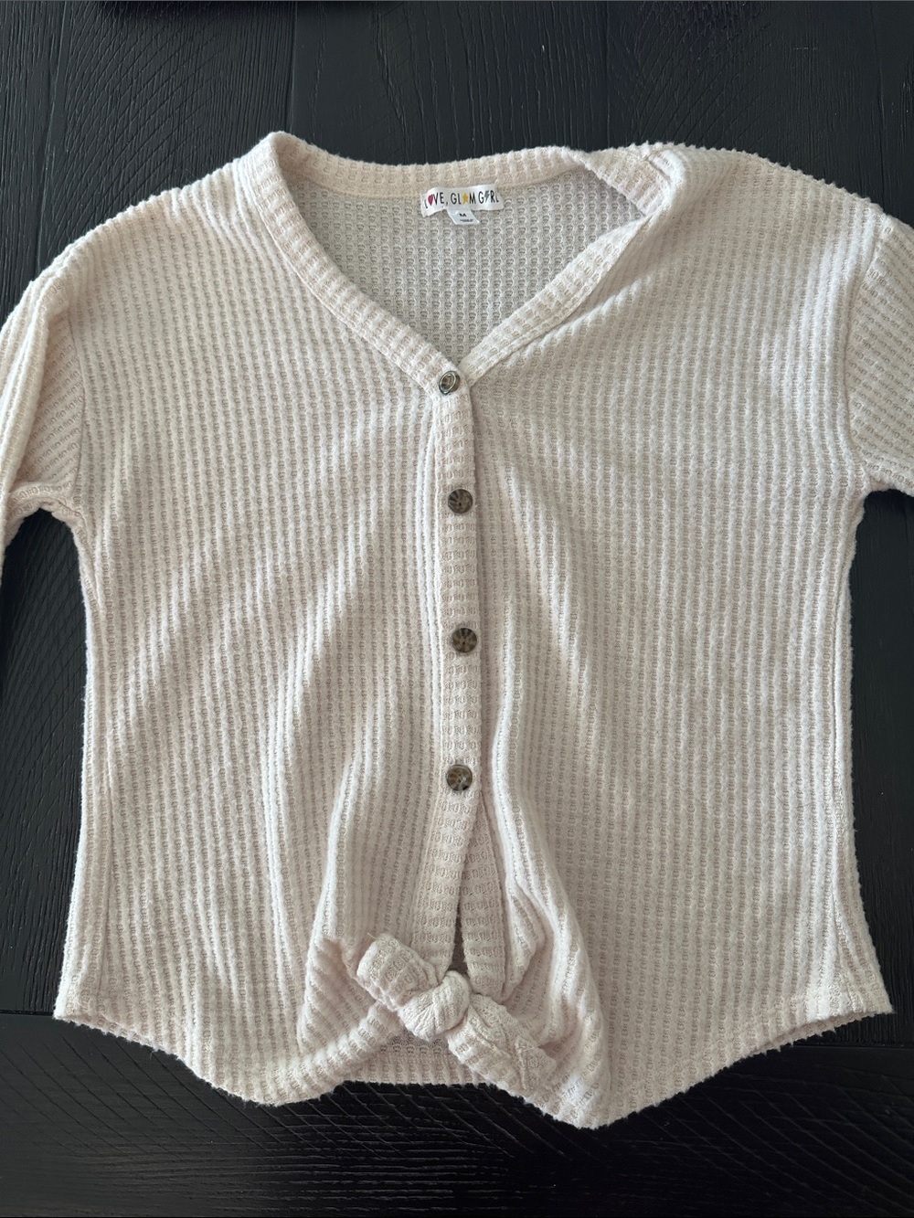 L💗VE, GL⭐️M, G⚡️RL Cream Waffle-Knit Girls Button Front Tie Top